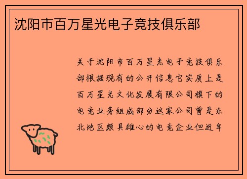 沈阳市百万星光电子竞技俱乐部